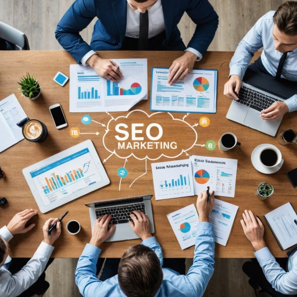 команда специалистов за работой по SEO и маркетингу